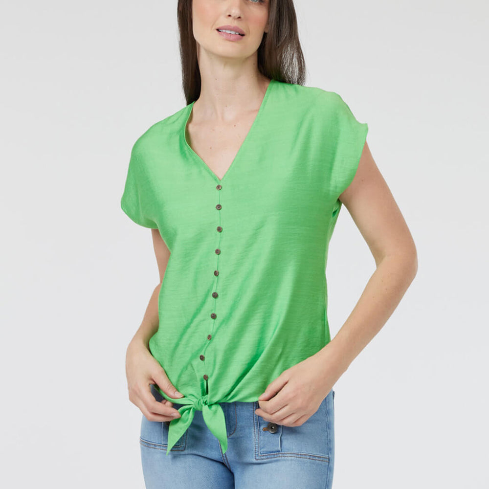 Blusa verde con hombro caído Esenciales